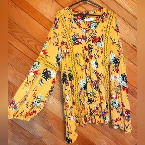 Pink Diamond large mustard yellow quarter length sleeve boho floral mini Dress